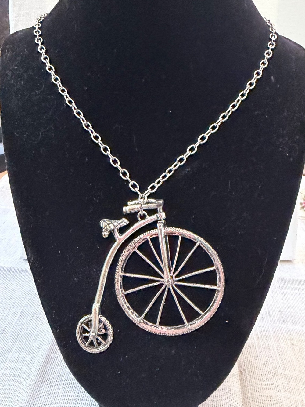 Vintage-Inspired Silver Penny-Farthing Bicycle Pendant Necklace